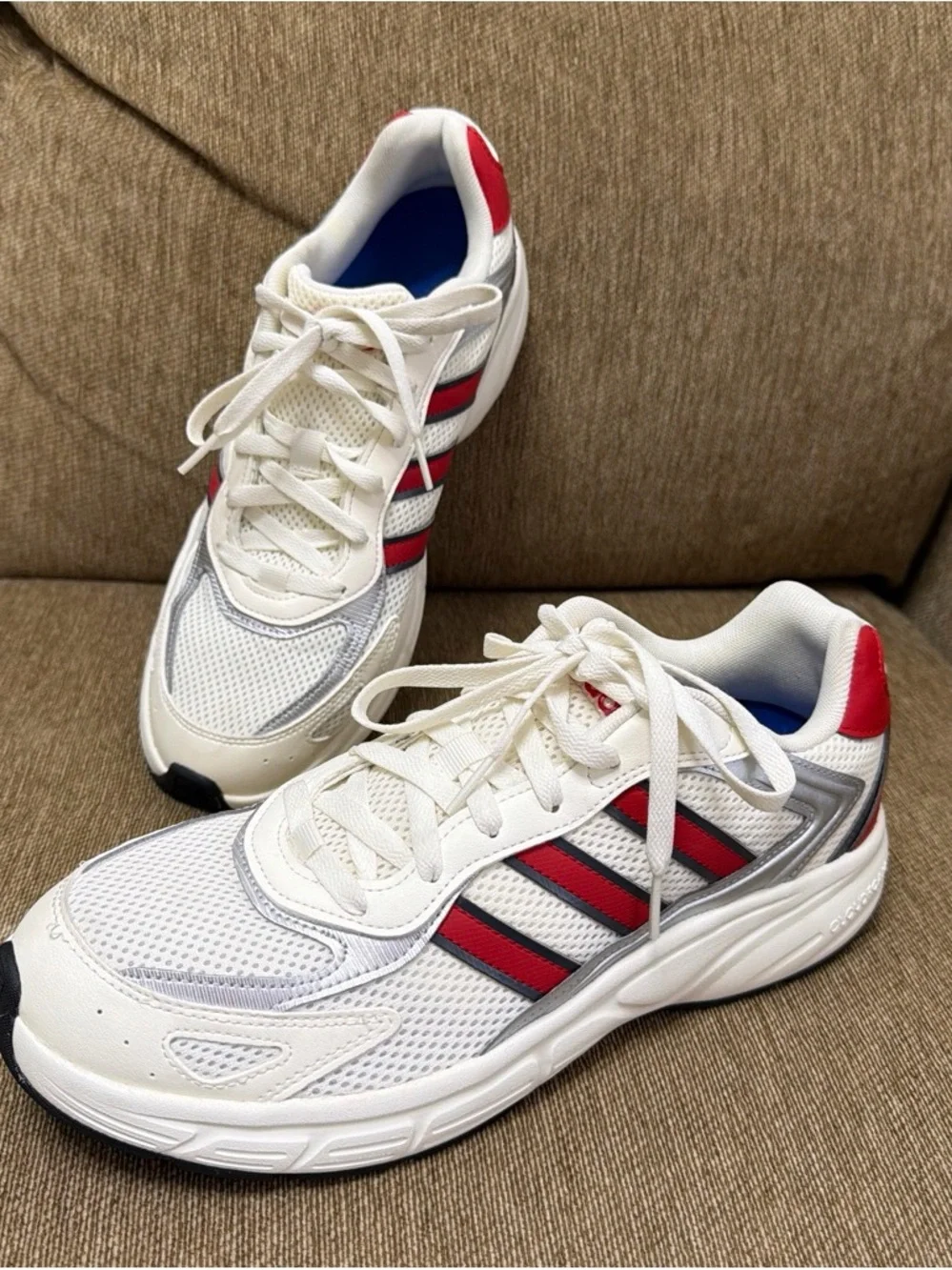 adidas White Sneakers with Red and Gray Stripe Accents - Men size 11